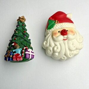 Vintage 80s Christmas Tree Pin and Plastic Santa Face Holiday Brooch NotWorking